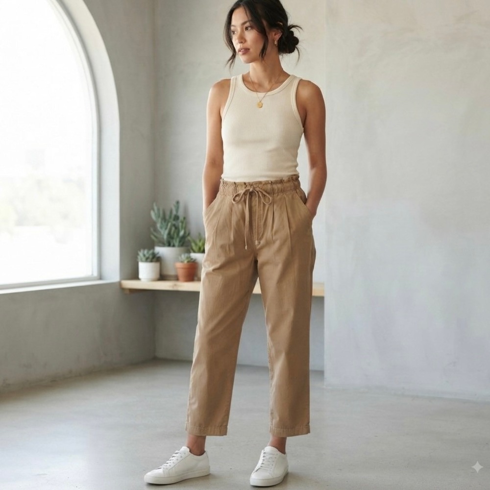 Loft Womens Tan Khaki Paperbag Waist Pleated Pull On Tapered Casual Pants Size M